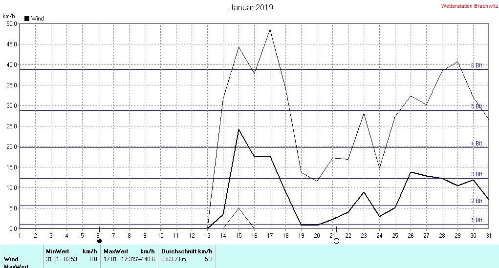 Januar 2019 - Windstärke , Windgeschwindigkeit