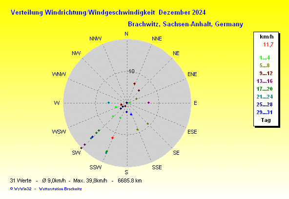 Dezember 2024 -Windrichtung Windstärke Verteilung