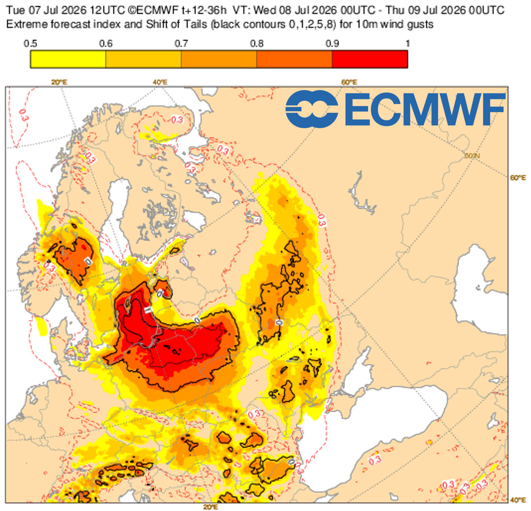 Extreme statistische Werte über dem Südteil der Ostsee. Starke Hinweise für eine für die Jahreszeit extremes Windereignis. (Quelle ECMWF) Extreme statistische Werte über dem Südteil der Ostsee. Starke Hinweise für eine für die Jahreszeit extremes Windereignis. (Quelle ECMWF)
