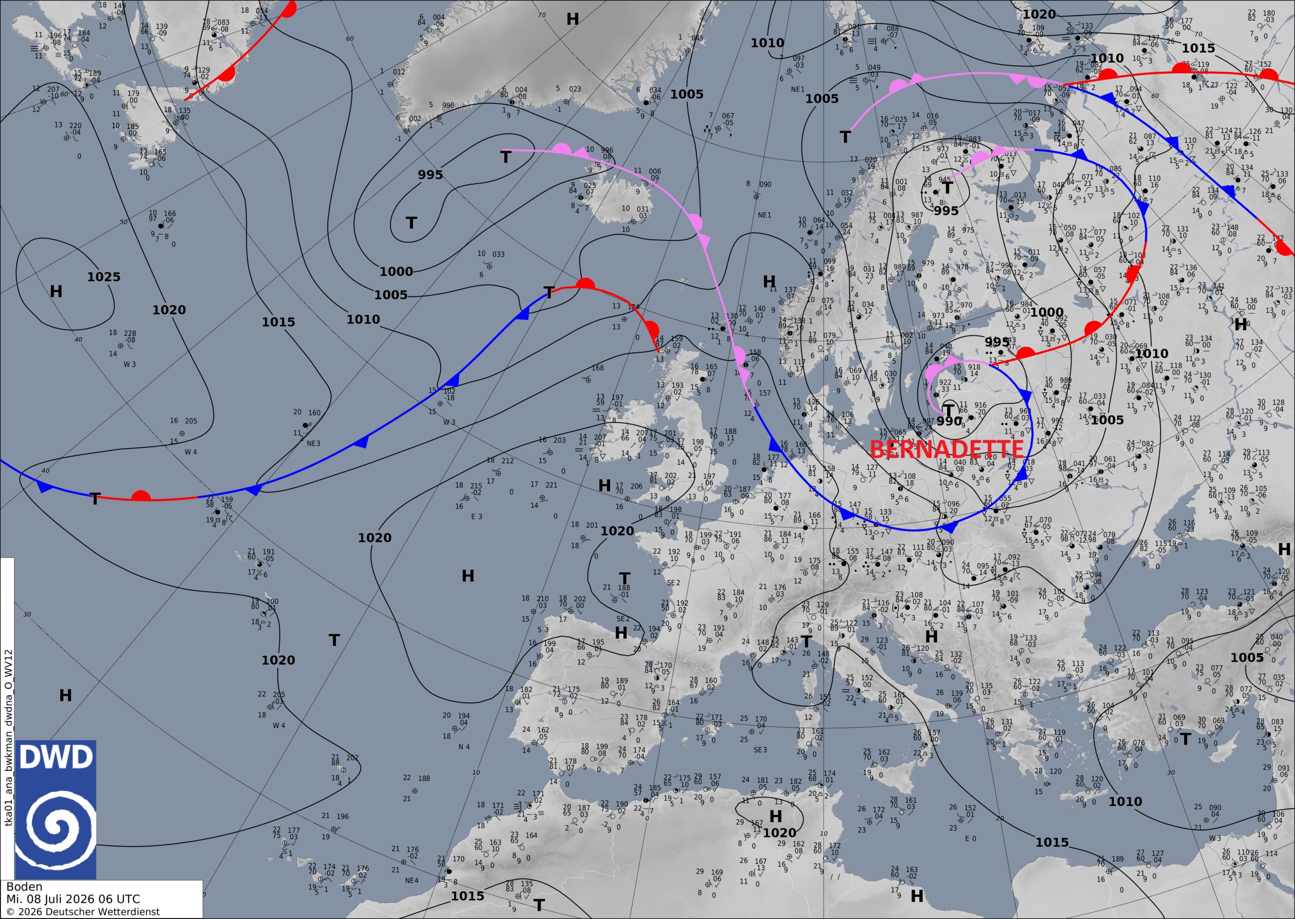 Sturmtief unter 990 Hektopascal über dem Baltikum. Okklusion knapp westlich des Tiefs. Kaltfront quer über Deutschland von Nordwest nach Südost. (Quelle DWD) Sturmtief unter 990 Hektopascal über dem Baltikum. Okklusion knapp westlich des Tiefs. Kaltfront quer über Deutschland von Nordwest nach Südost. (Quelle DWD)
